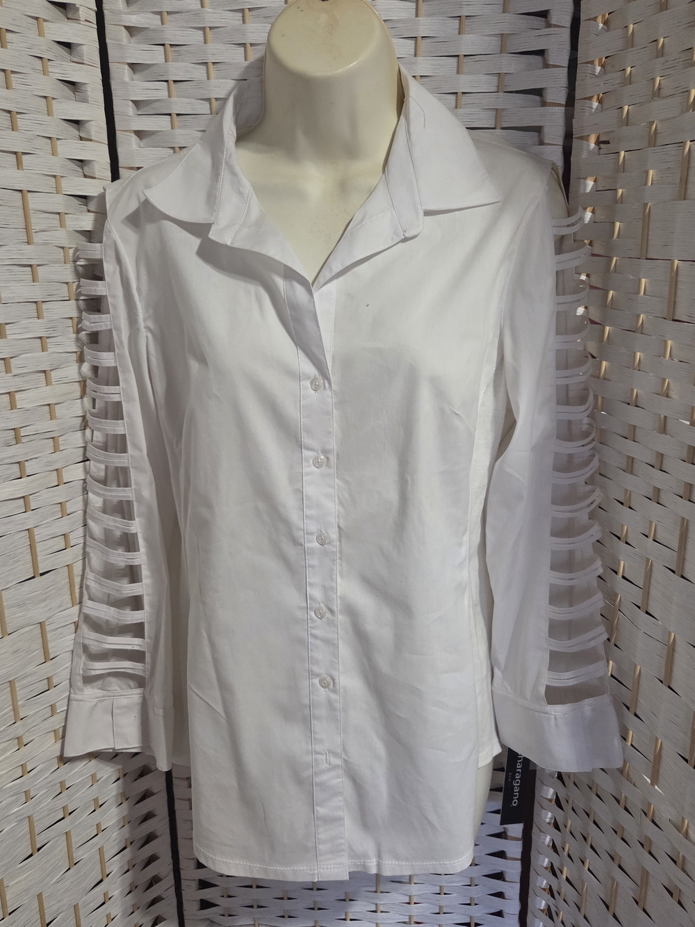 Sharagano White Button-Down Shirt with Ladder Cutout Sleeves